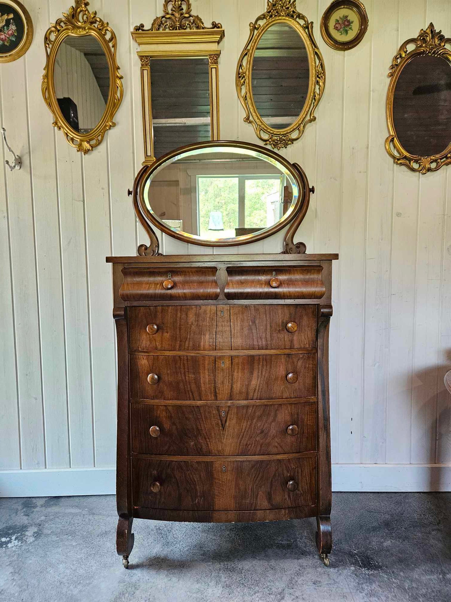 Tall Boy Dresser with Oval Mirror