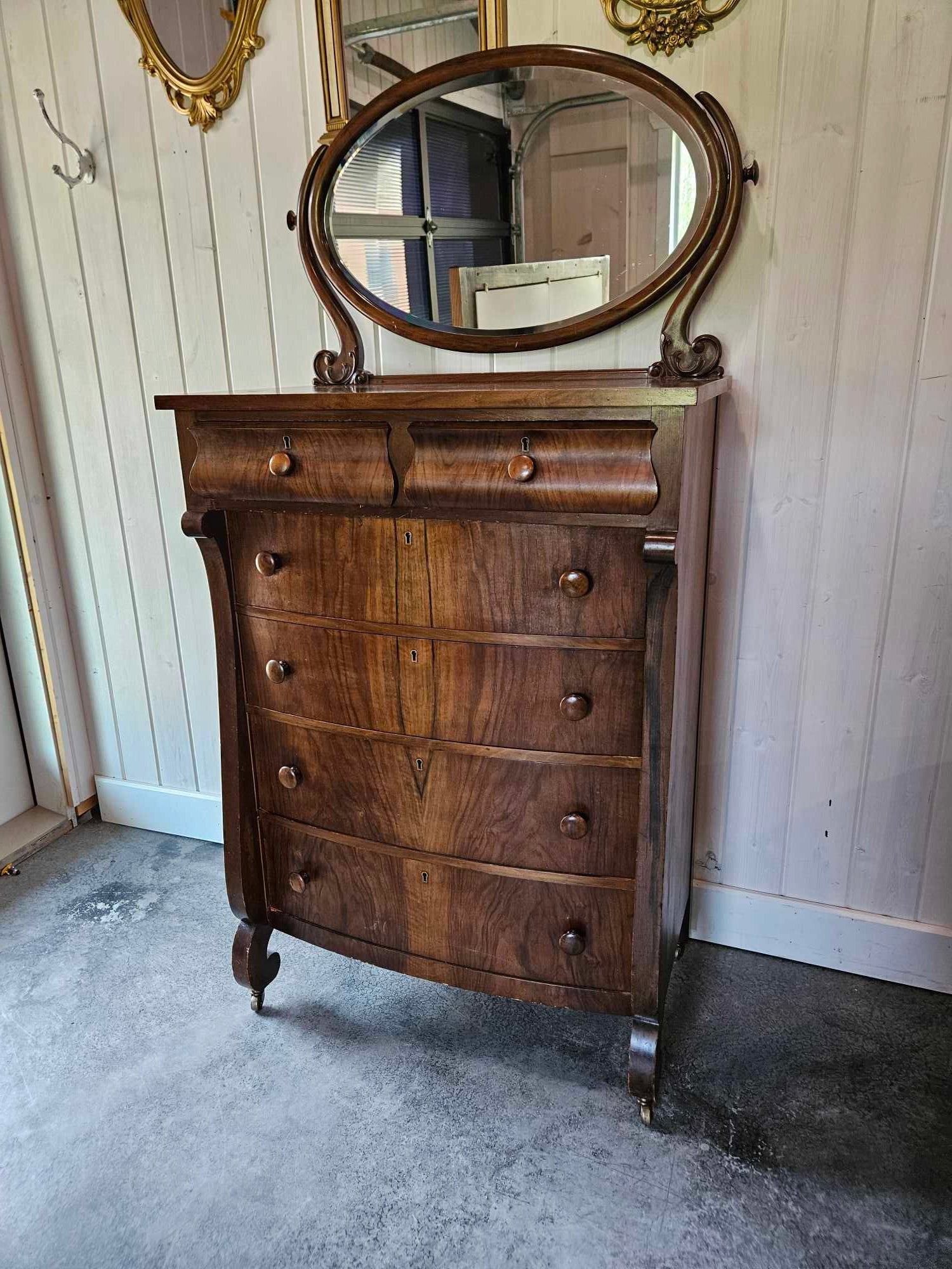 Tall Boy Dresser with Oval Mirror
