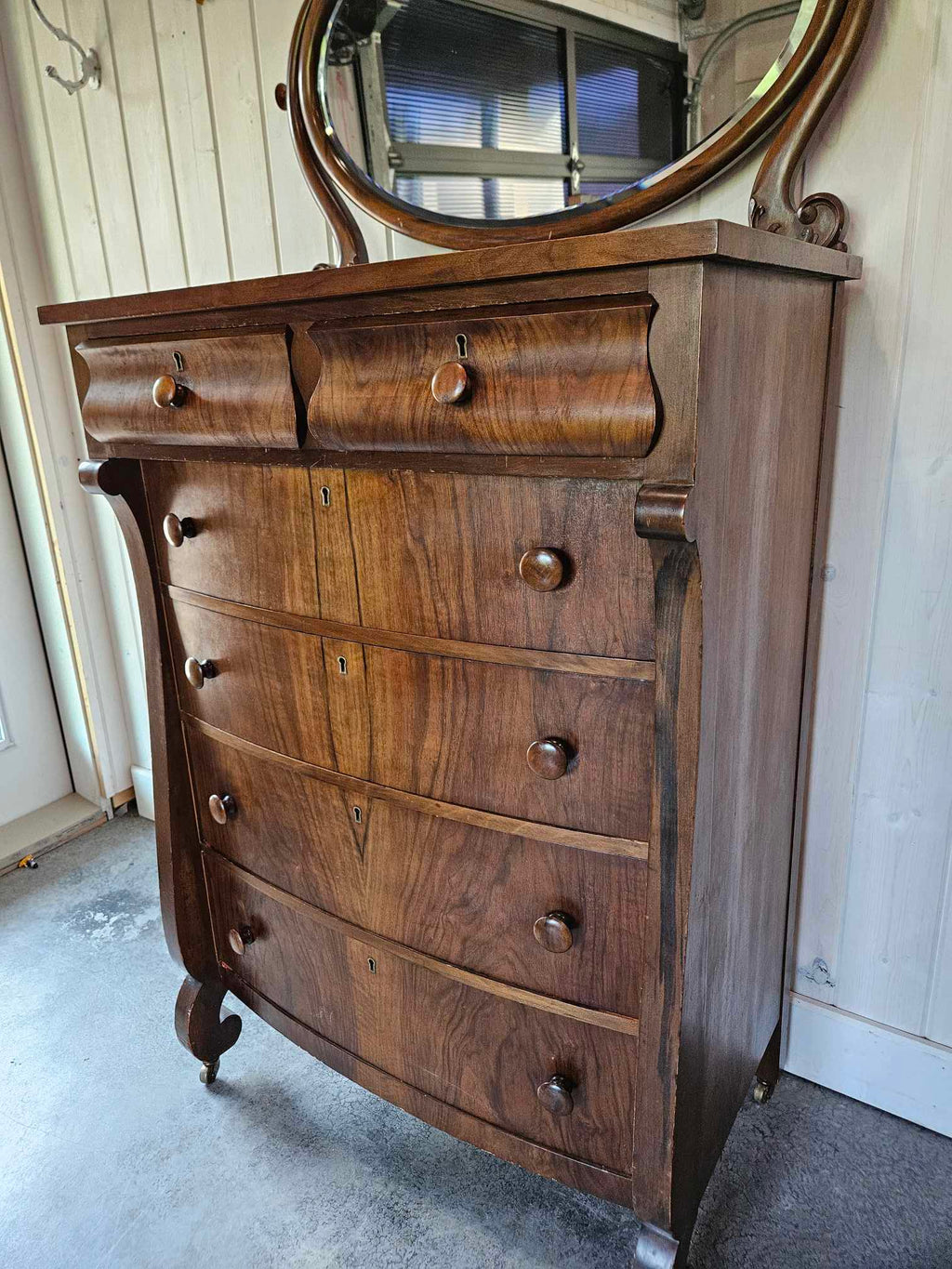 Tall Boy Dresser with Oval Mirror