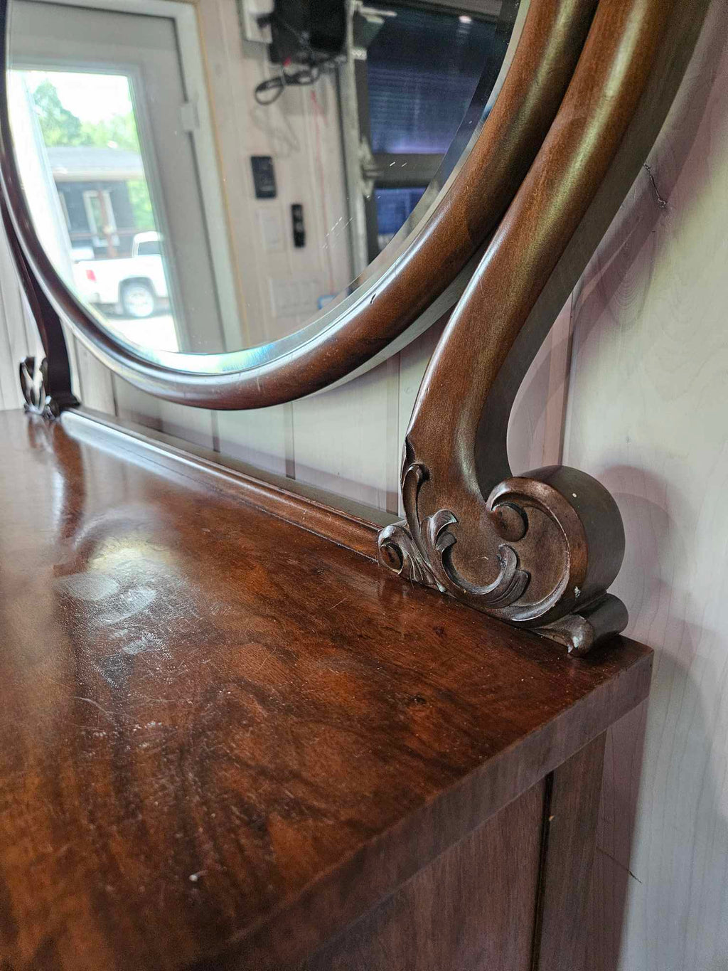 Tall Boy Dresser with Oval Mirror