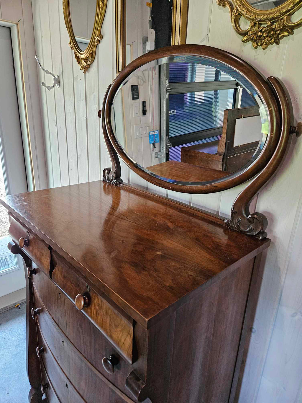 Tall Boy Dresser with Oval Mirror