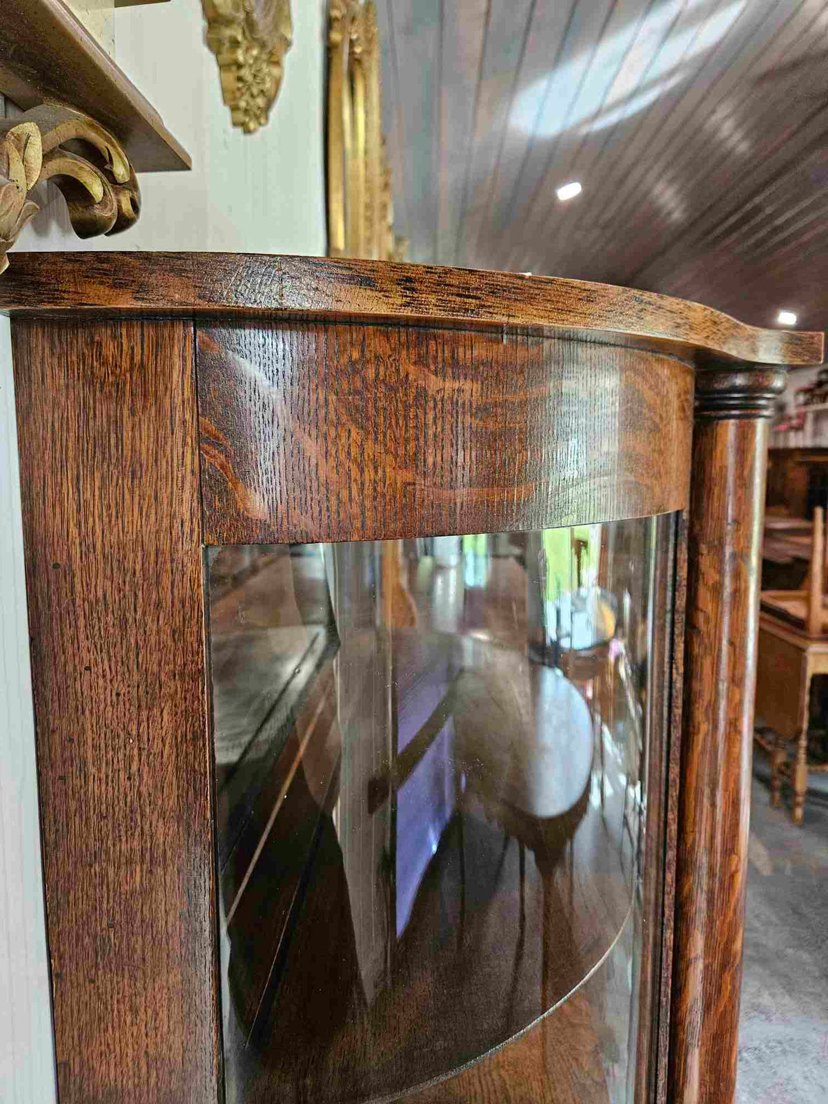 Tiger Oak Curved Display Cabinet